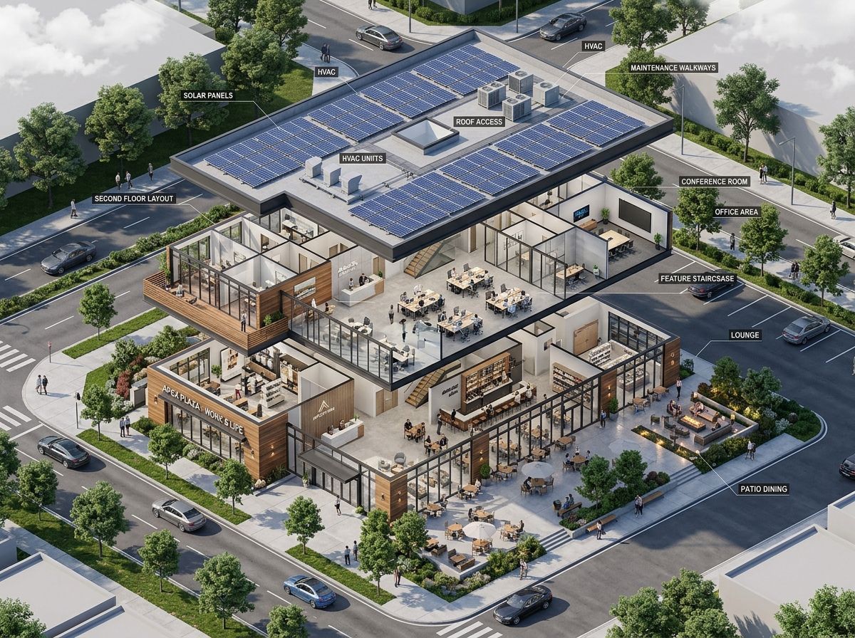 A cut-away 3D model of a two-storey commercial building showing offices, solar panels and parking