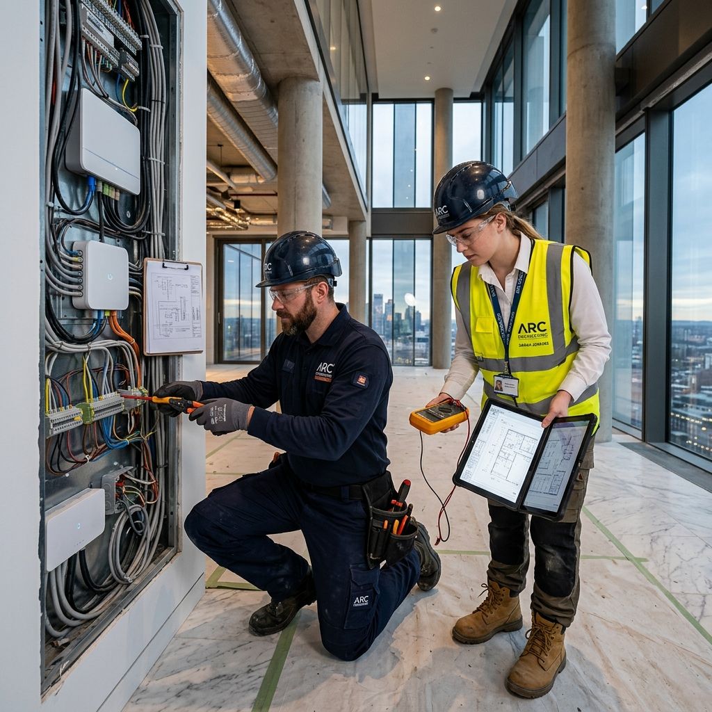 Two engineers testing an electrical distribution board inside a building under construction
