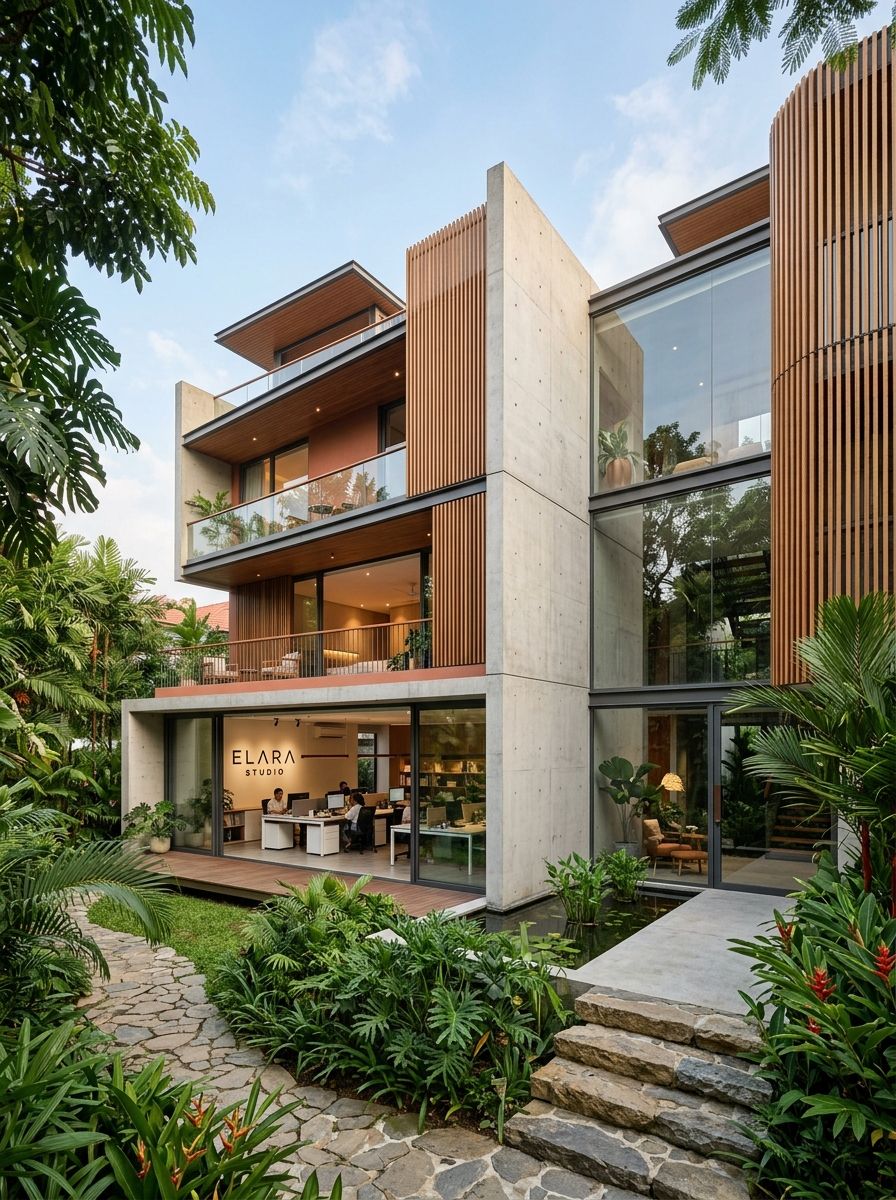 The Elara commercial hub: a four-storey block of fair-faced concrete and timber fins among trees