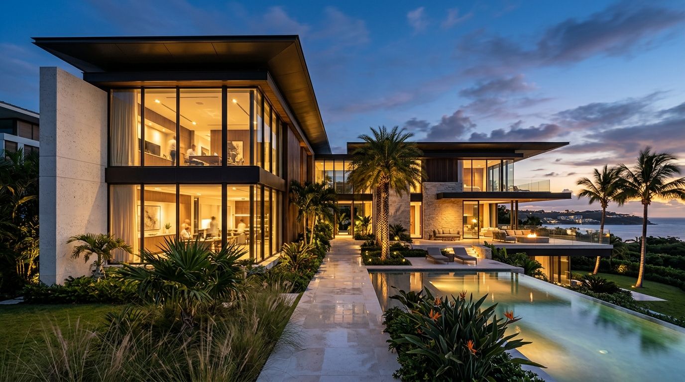 A two-storey villa with deep concrete roof slabs and full-height glazing, lit at dusk beside a pool