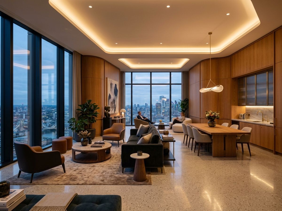 A finished high-rise office lounge with timber panelling, warm cove lighting and city views