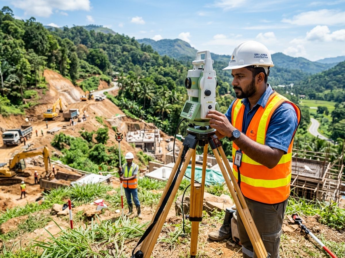 A surveyor in a hi-vis vest sets up a total station above a hillside site being cleared by excavators